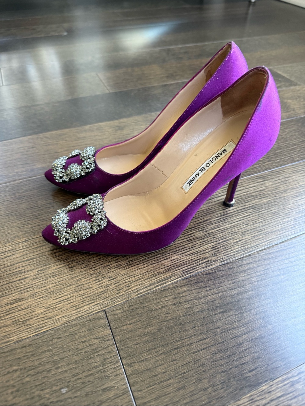 Manolo Blahnik Purple Satin Hangisi Crystal-Embellished Pumps